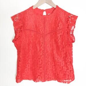 Nanette Lepore Red Lace High Neck Cap Sleeve Blouse Medium